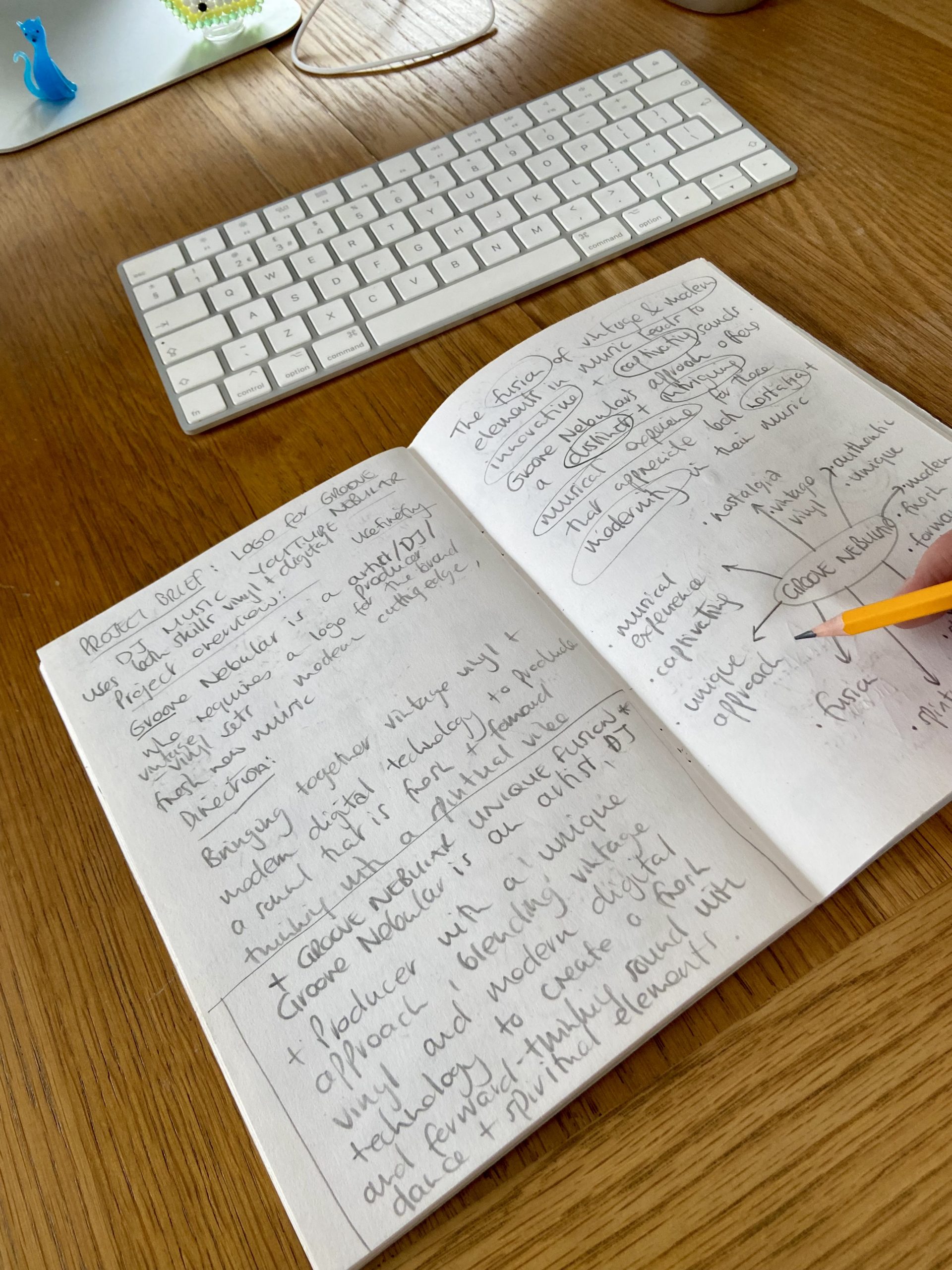 Notes from Client Brief Handwritten brainstorming in notebook with a pencil