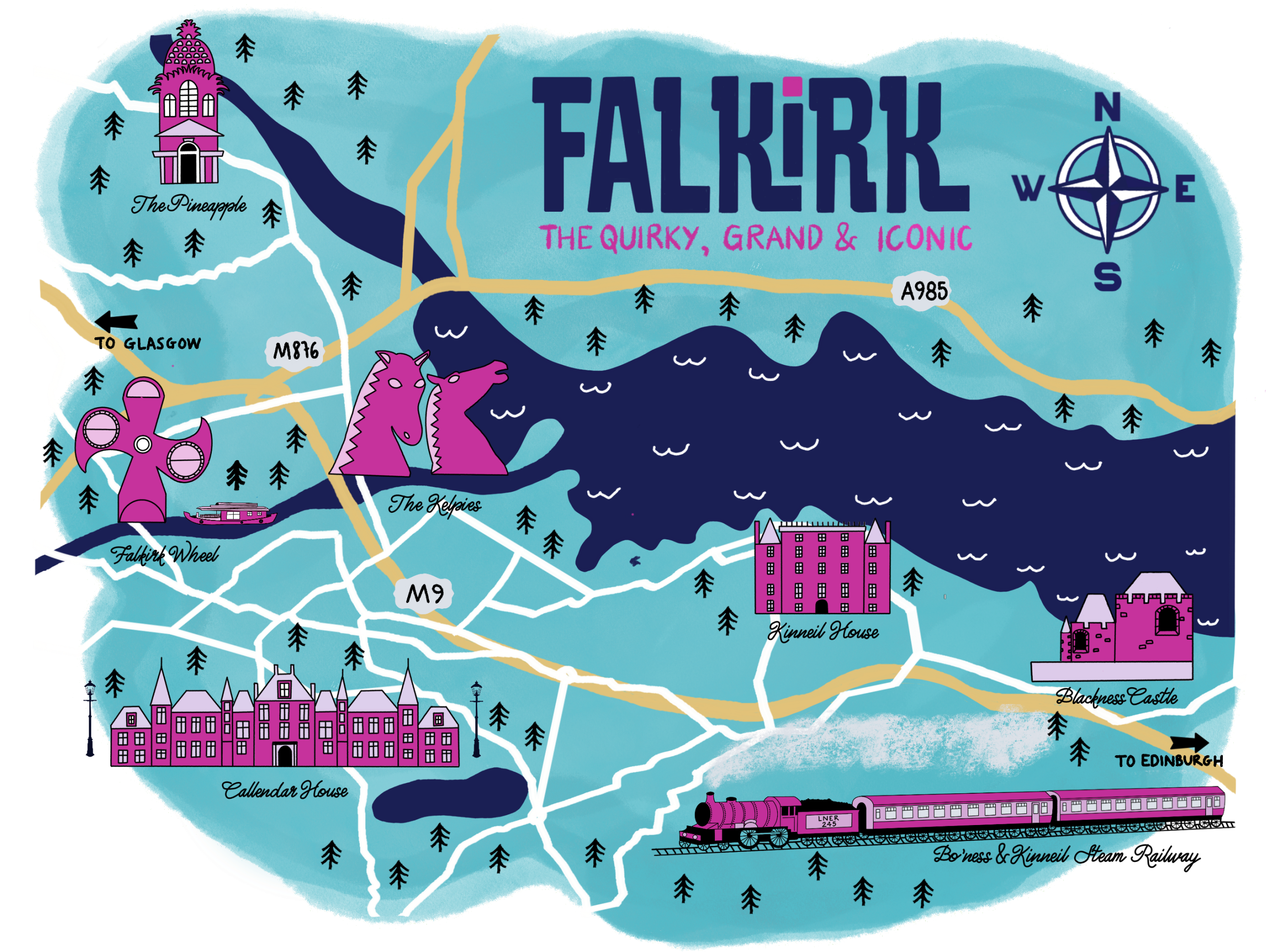 Illustrated map of Falkirk featuring quirky, grand, iconic landmarks.
